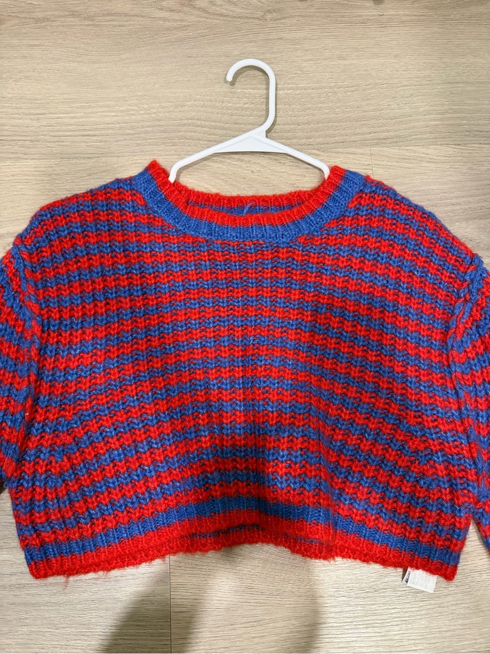 Zara Red & Blue Striped Cropped Crew Sweater